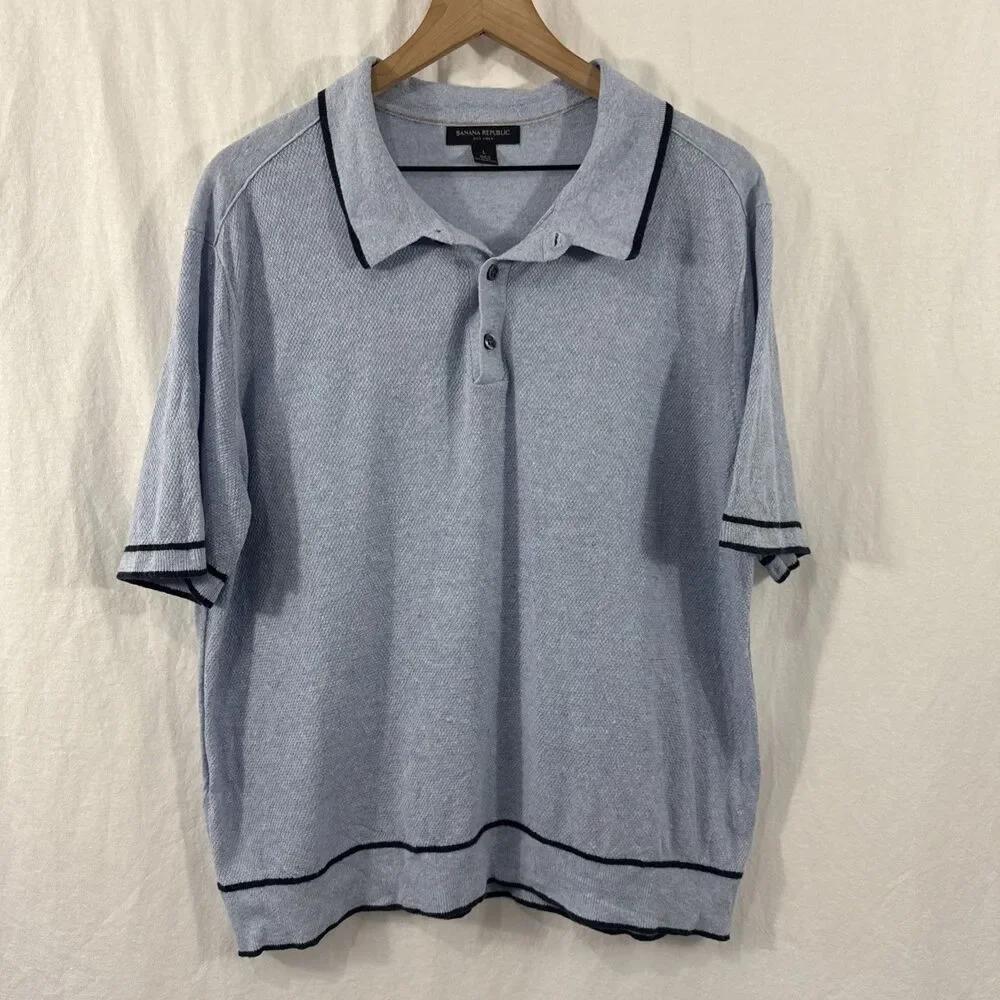 Banana Republic Blue Silk Linen Sweater Polo Shirt Men’s Sz L Old Money Beach